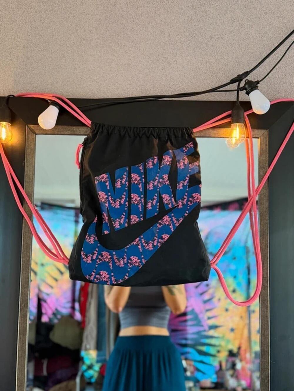 Nike Black Pink Drawstring Gym Cinch Bag | Floral Swoosh Backpack